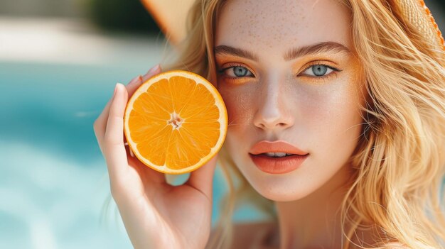 Modèle féminine attrayante aux cheveux orange tenant une orange à la main posant devant l'oranger