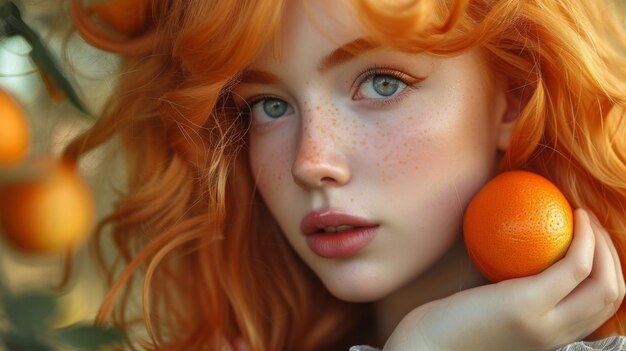 Photo modèle féminine attrayante aux cheveux orange tenant une orange à la main posant devant l'oranger