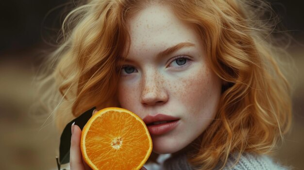 Photo modèle féminine attrayante aux cheveux orange tenant une orange à la main posant devant l'oranger