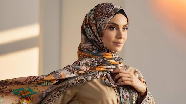 Modèle féminine en hijab conçu dans le style ethnique