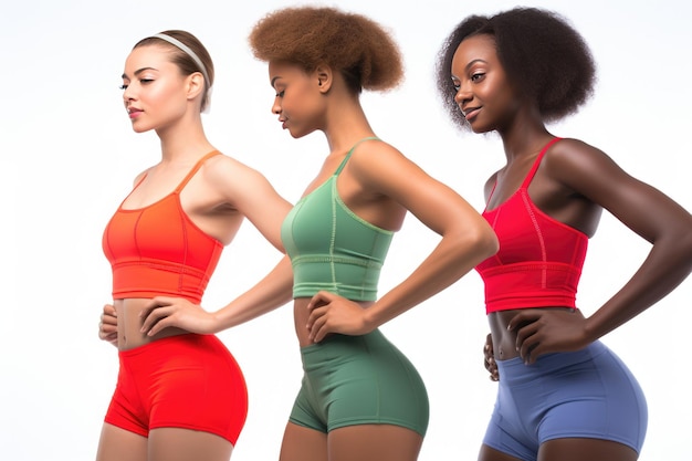 Photo modèle féminine multiraciale avec des vêtements de sport à la mode sur un fond blanc isolé