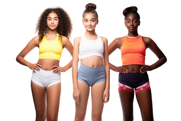 Modèle féminine multiraciale avec des vêtements de sport à la mode sur un fond blanc isolé