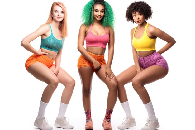 Modèle féminine multiraciale avec des vêtements de sport à la mode sur un fond blanc isolé