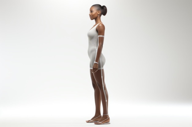 Photo modèle féminine noire portant une tenue futuriste composée d'un bodysuit en une seule pièce et de bandes pour les jambes et les bras