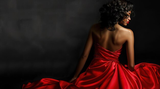 Photo modèle féminine portant une robe rouge sexy sur fond noir image générée par l'ia