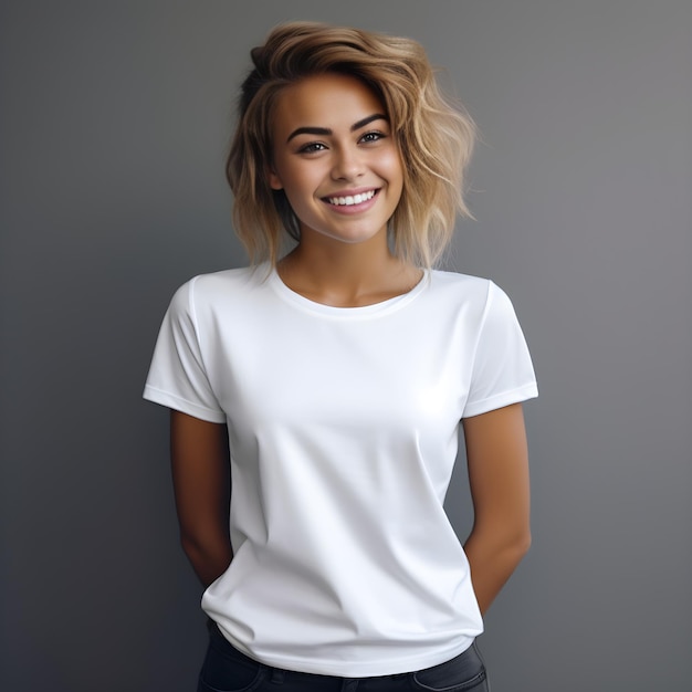 Modèle féminine avec un t-shirt blanc blanc cheveux blonds vue avant souriant à la caméra