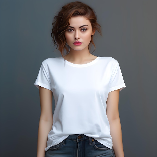 Modèle féminine avec t-shirt blanc blanc cheveux courts vue avant souriant à la caméra