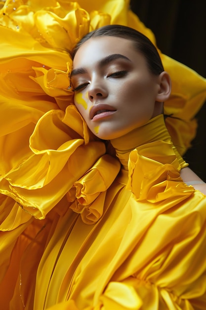 Modèle féminine en tenue jaune extravagante
