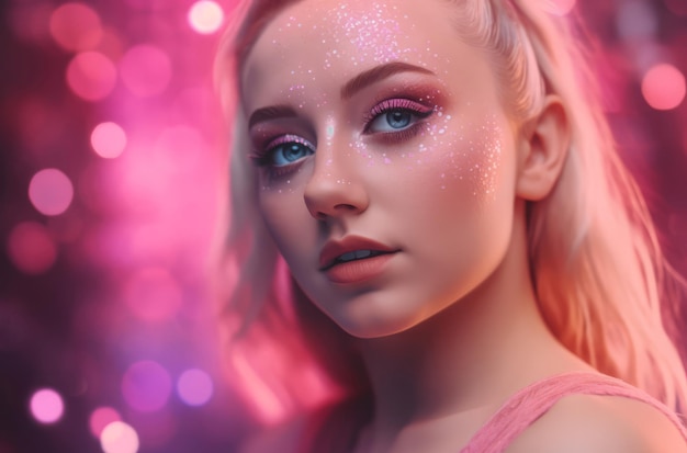 Modèle femme avec maquillage visage paillettes roses Belle dame blonde posant sur fond éclairé rose Générer ai