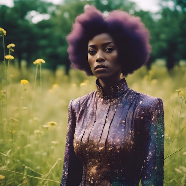 Un modèle de femme noire africaine portant une tenue colorée dans un fond coloré abstrait