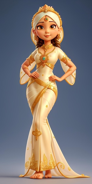 Un modèle d'une femme vêtue d'une robe blanche et dorée avec des accents dorés.