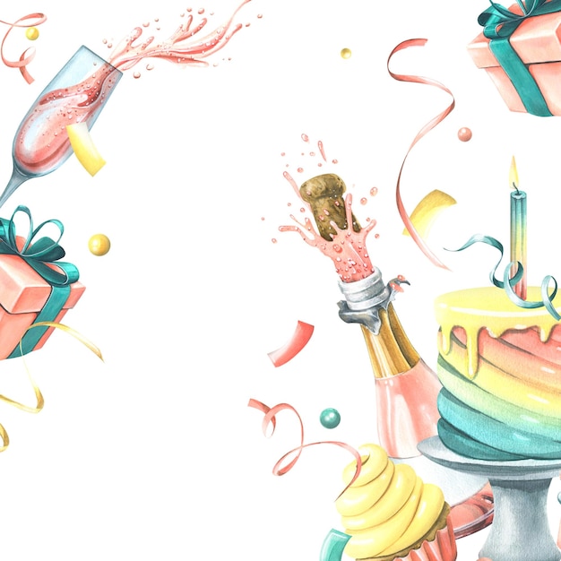 Photo modèle festif joyeux et lumineux avec des ballons de cadeaux de gâteau au champagne et des drapeaux de confettis illustration aquarelle de la collection joyeux anniversaire pour la décoration d'impression d'affiches de cartes