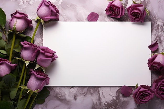 modèle de feuille de papier blanc blanc avec des roses violettes fleurs vue supérieure sur un fond en marbre