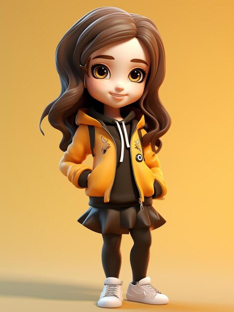 un modèle d'une fille aux cheveux bruns et une veste jaune