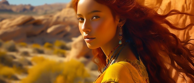 Modèle de fille fille indienne aux cheveux rouges psychédélique fond de paysage de désert jaune