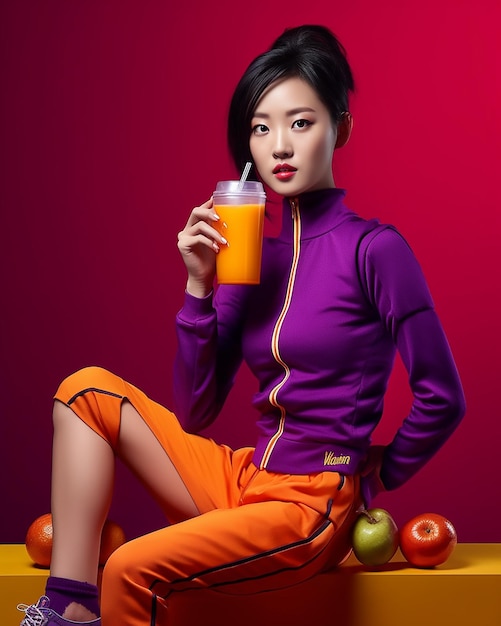 modèle de fitness asiatique posant avec des smoothies