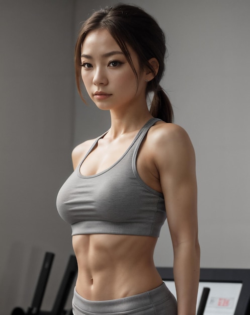 Modèle de fitness féminine asiatique en tenue de sport grise