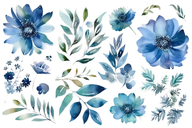 Photo modèle avec des fleurs et des feuilles de printemps bleu motif floral pour papier peint ou tissu ai