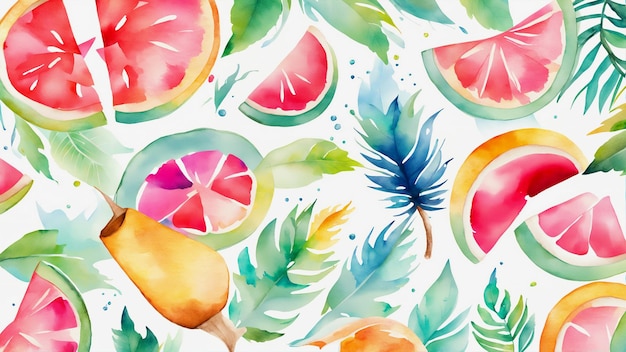 Photo modèle avec des fleurs et des fruits à l'aquarelle illustration dessinée à la main