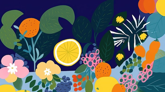 Modèle avec des fleurs, des fruits et des plantes dans un style matisse Arrière-plan avec des éléments abstraits de griffonnage à la mode Formes de matisse aléatoires naturelles AI générative