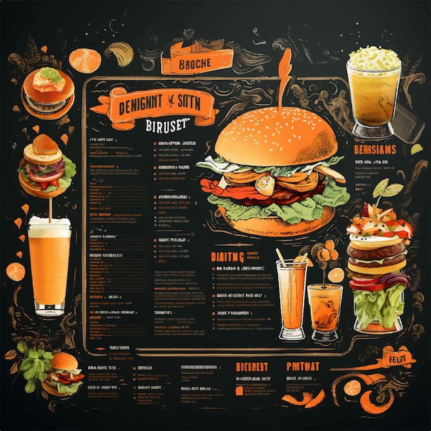 Modèle de format horizontal de menu de restaurant numérique avec boisson et hamburger