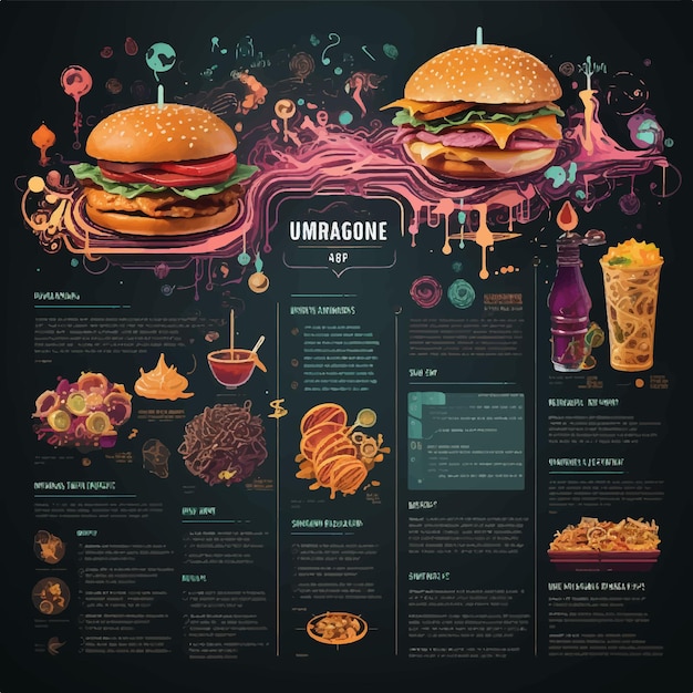 Modèle de format horizontal de menu de restaurant numérique avec boisson et hamburger