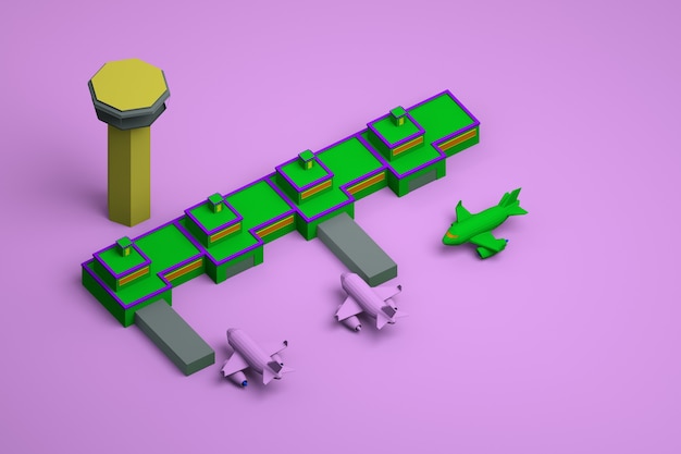 Modèle graphique d'un aéroport avec une tour et des avions sur fond rose isolé. Modèle vert d'un aéroport avec des avions en arrière-plan. Vue de dessus.