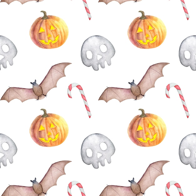 Modèle d'Halloween aquarelle sans couture avec un crâne jack o lantern et une chauve-souris