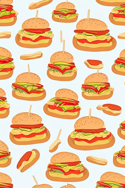 Un modèle de hamburgers avec différentes garnitures, notamment de la tomate, du fromage et de la mayonnaise.