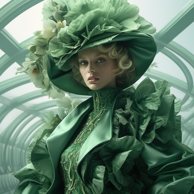 Modèle de haute mode avec un chapeau et des robes exubérantes de couleur vert luxuriant