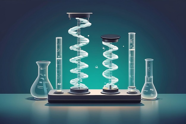 Modèle d'hélice d'ADN sur une table de laboratoire illustration vectorielle en style plat