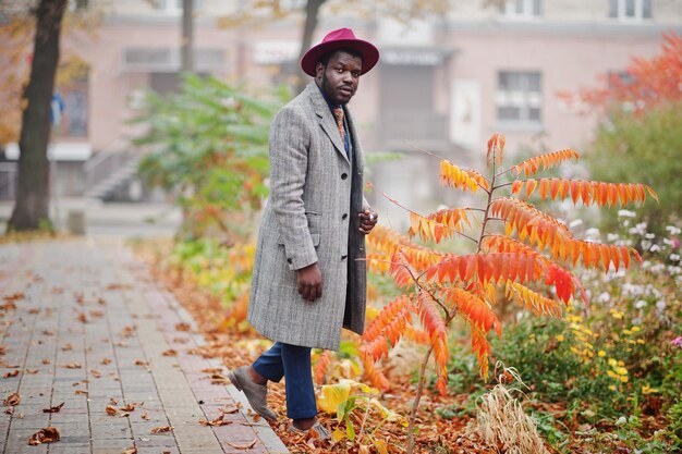 Modèle d'homme afro-américain élégant en manteau gris veste cravate et chapeau rouge contre les feuilles jaunes humeur d'automne