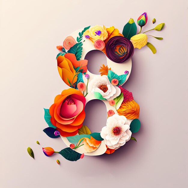 Photo modèle huit mars avec numéro huit brillant composé de belles fleurs de dessin animé avec des feuilles et des fleurs abstraites symbole de la journée internationale de la femme