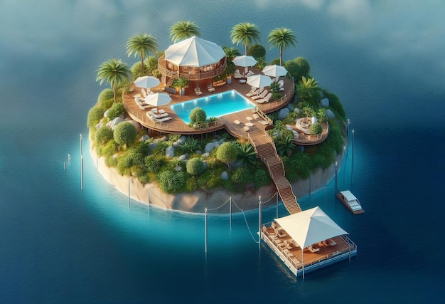 Photo un modèle d'île tropicale avec une piscine et des palmiers