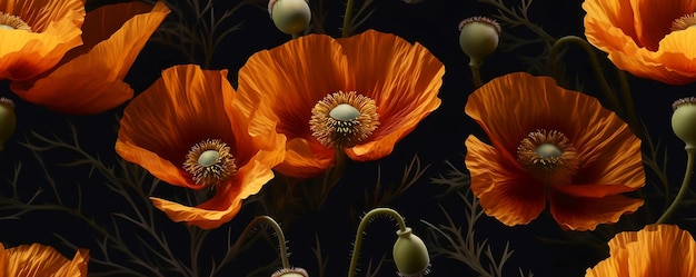 Modèle d'illustration de fleurs de coquelicots dorés 3d réalistes sans soudure