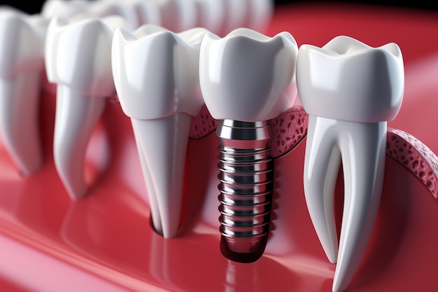 Photo modèle d'implant dentaire en gros plan dents avec vue macro de la vis d'implant