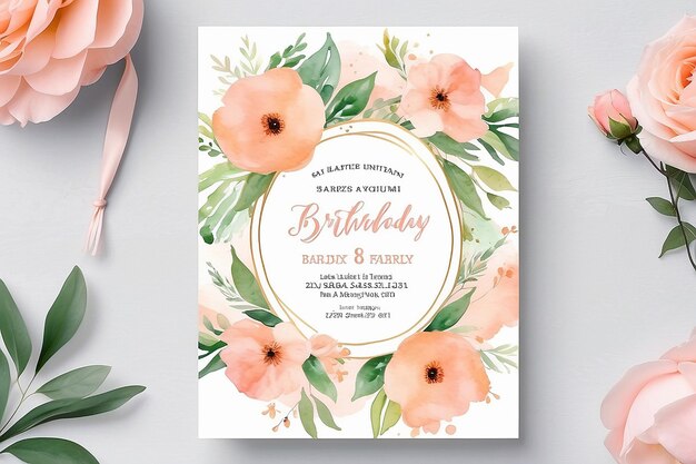 Modèle d'invitation d'anniversaire floral à l'aquarelle rose pastel à la pêche douce