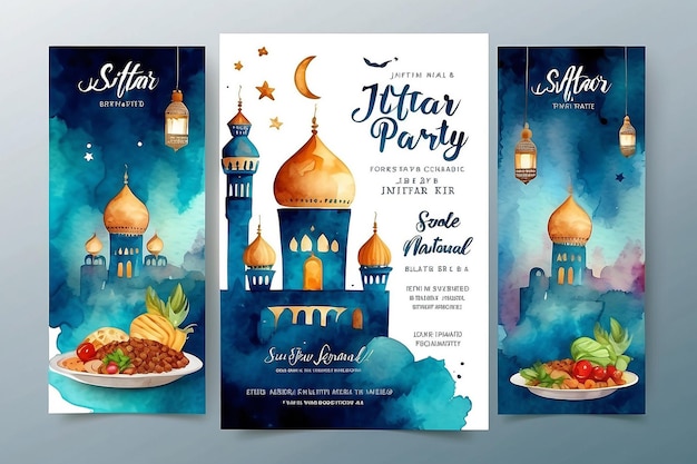 modèle d'invitation à la fête d'Iftar vertical vectoriel à l'aquarelle