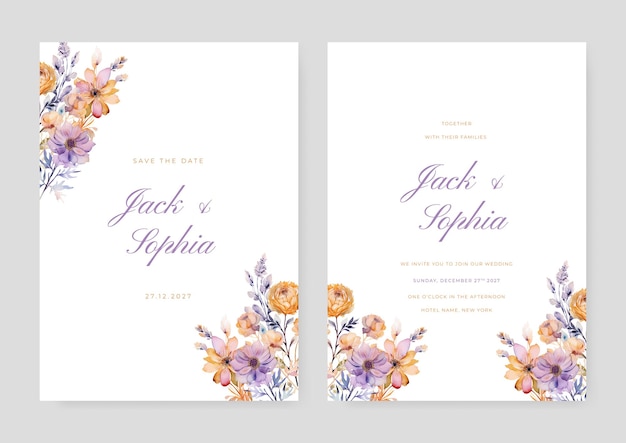 Modèle d'invitation de mariage à l'aquarelle avec décoration florale et à feuilles colorées romantiques