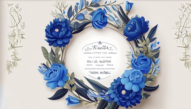 Photo modèle d'invitation de mariage avec une couronne de fleurs haut de gamme fleurs bleues élégantes modernes