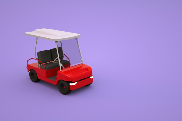 Modèle isométrique d'une voiture de golf de sport pour touristes. Voiture de golf rouge sur fond isolé rose, violet. Graphiques 3D, gros plan