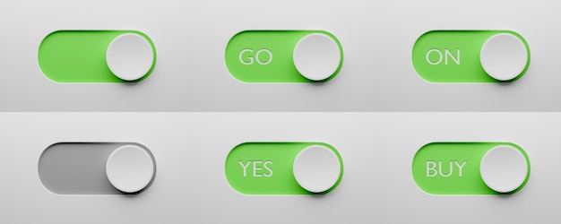 Modèle de jeu de boutons d'interrupteur à bascule Interrupteur vert ON GO OUI ACHETER Conception de commutateur pour l'application ou le site Web rendu 3d