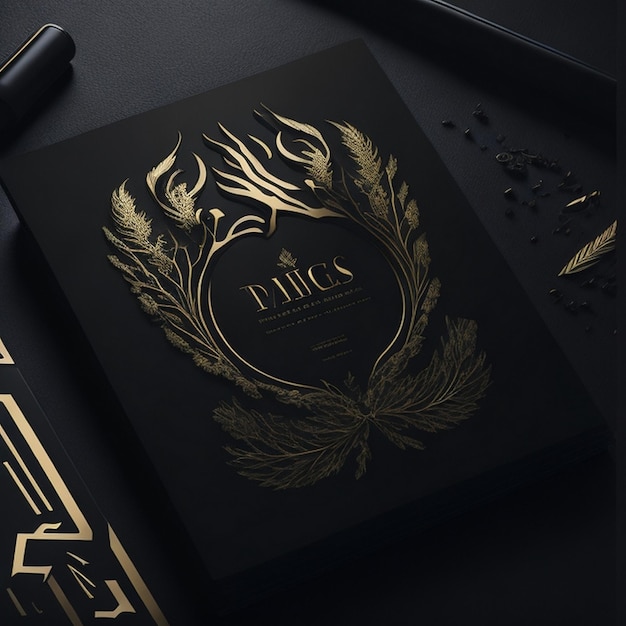 Modèle de logo en feuille d'or en relief élégant et luxueux sur papier noir