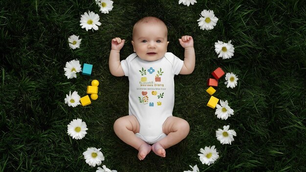 Photo modèle de maillot à manches courtes en coton blanc avec de l'herbe verte, des fleurs blanches et des blocs de jouets pour enfants