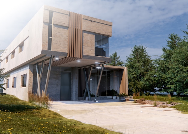 Modèle de maison 3D et arbres