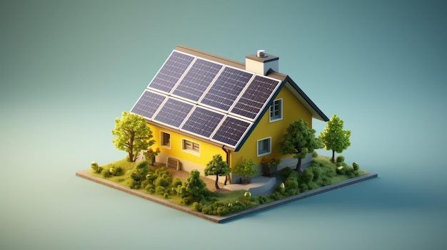 Modèle de maison 3D avec panneau solaire sur le toit isolé de fond