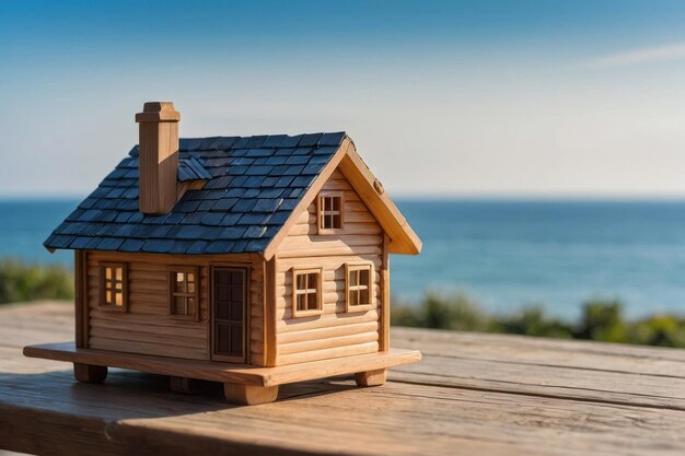 Modèle de maison en bois au bord de la mer