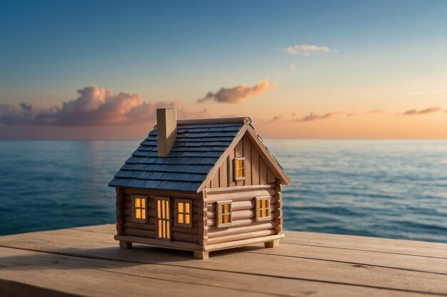 Modèle de maison en bois au bord de la mer