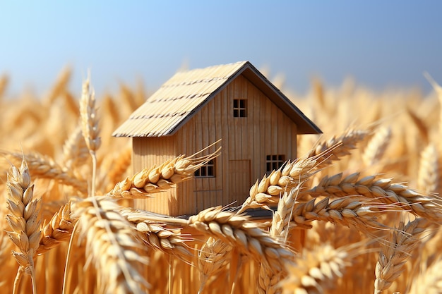 Modèle d'une maison en bois dans un champ avec un concept d'écologie du blé