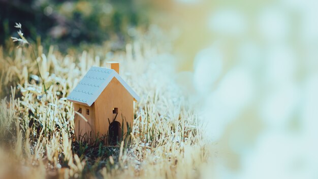 Modèle de maison en bois sur l'herbe et la lumière du soleil avec espace de copie